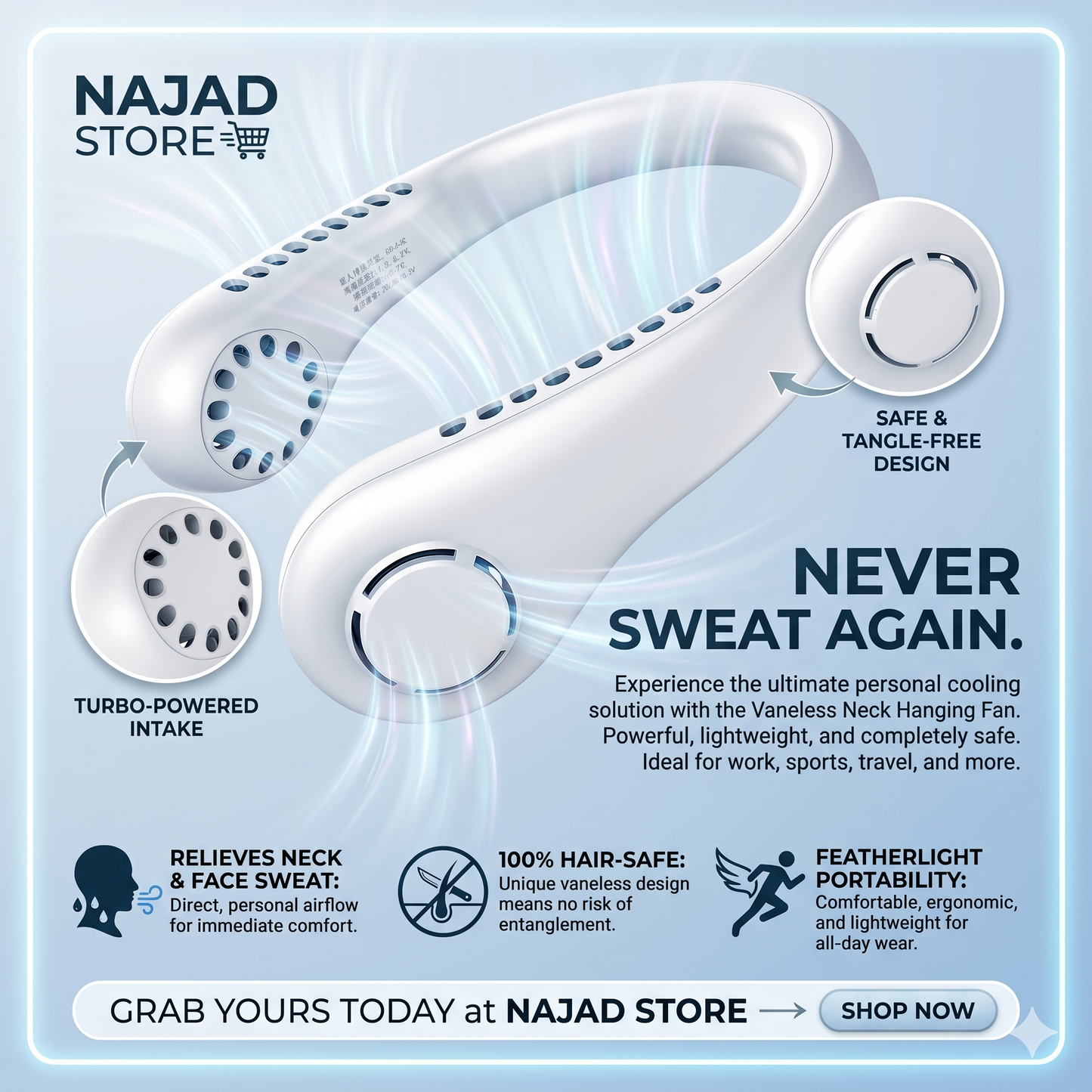 Best Vaneless Neck Hanging Fan for Summer | Quiet & Portable